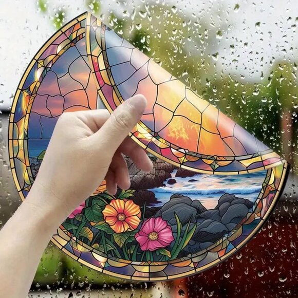 Lighthouse Suncatcher Ocean Sea Sunset Flowers Crackle Colorful Window Lake NEW - Picture 3 of 3